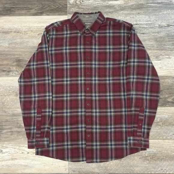 Eddie Bauer Red White Mens TL Relaxed Fit Plaid Tartan Flannel Button Down Shirt - Picture 2 of 10
